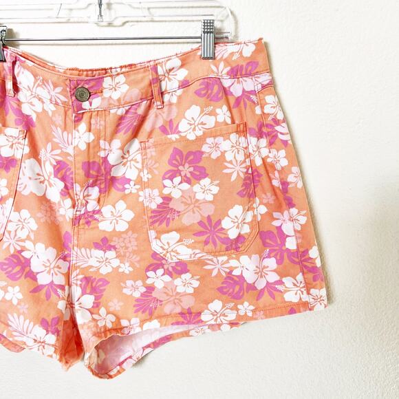 [Forever 21+] Orange Pink Hawaiian Floral Patch Pocket High Rise Shorts Size 18 - Picture 6 of 10